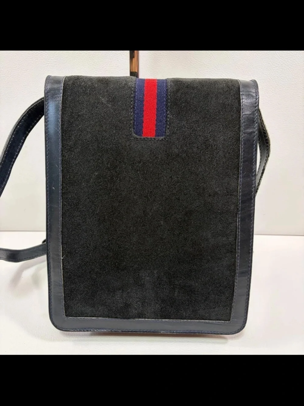 Gucci Black Suede Messenger Bag with Red & Blue Web Stripe